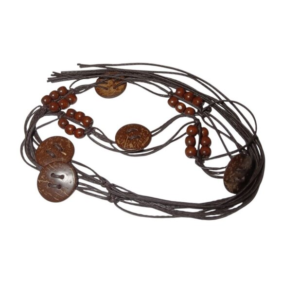 Belt Tie On Hippie Boho Brown Beaded & Buttons Alternating Leather String 36\